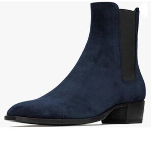 FOWT Deep Blue Men Fashion Round Toe Block Low Heel Stretchy Pull On Ankle Boots